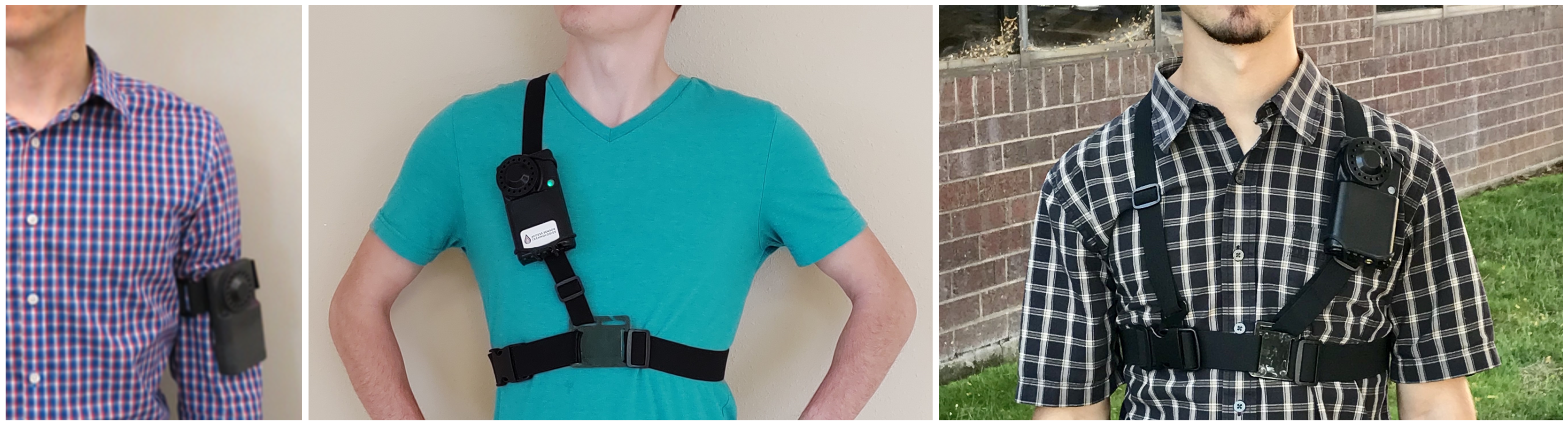 Photographs of three different people wearing the Ultrasonic Personal Air Sampler using a rubber phone holder that is attached to either an armband or a cross-body harness.