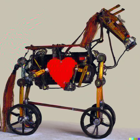 DALL·E 2023-02-15 19.43.40 - a mechanical horse with wheels for hooves and a gasoline engine for a heart