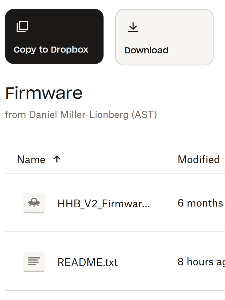 Screenshot of public Dropbox folder containing most recent Home Health Box firmware