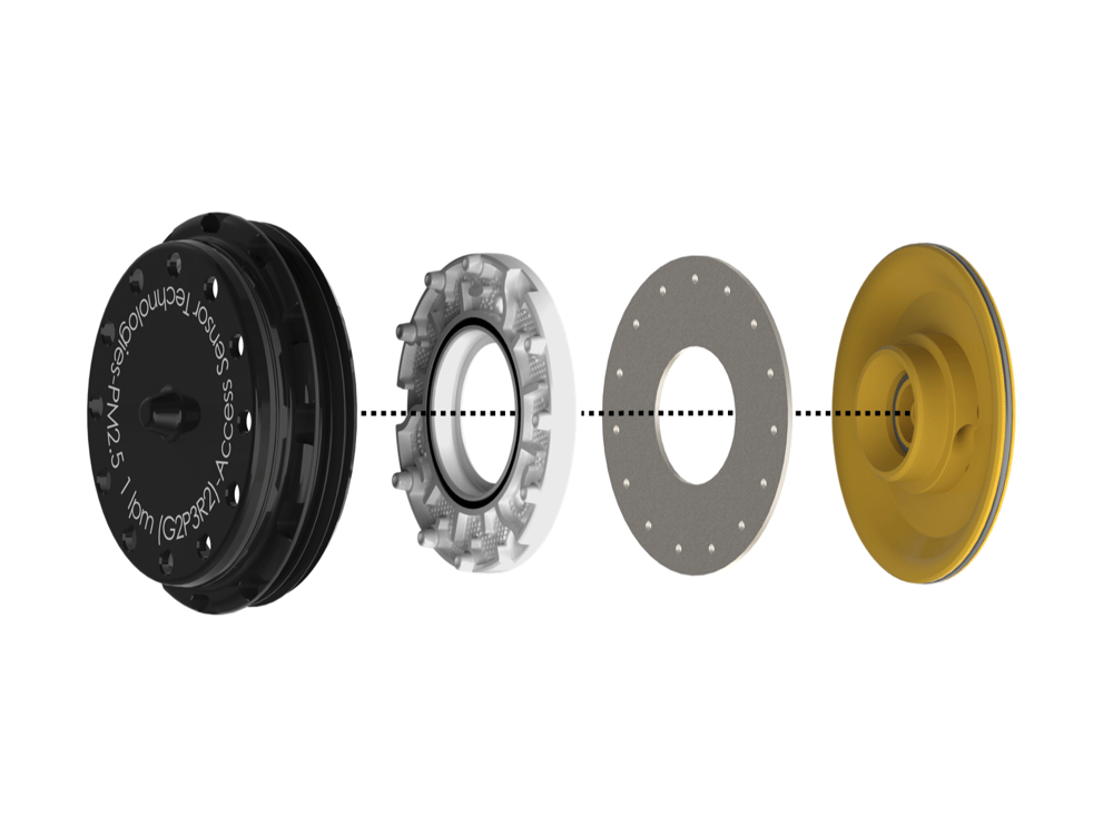 A diagram of a GEN2 PM2.5 1 LPM inlet with a pre-cyclone impactor