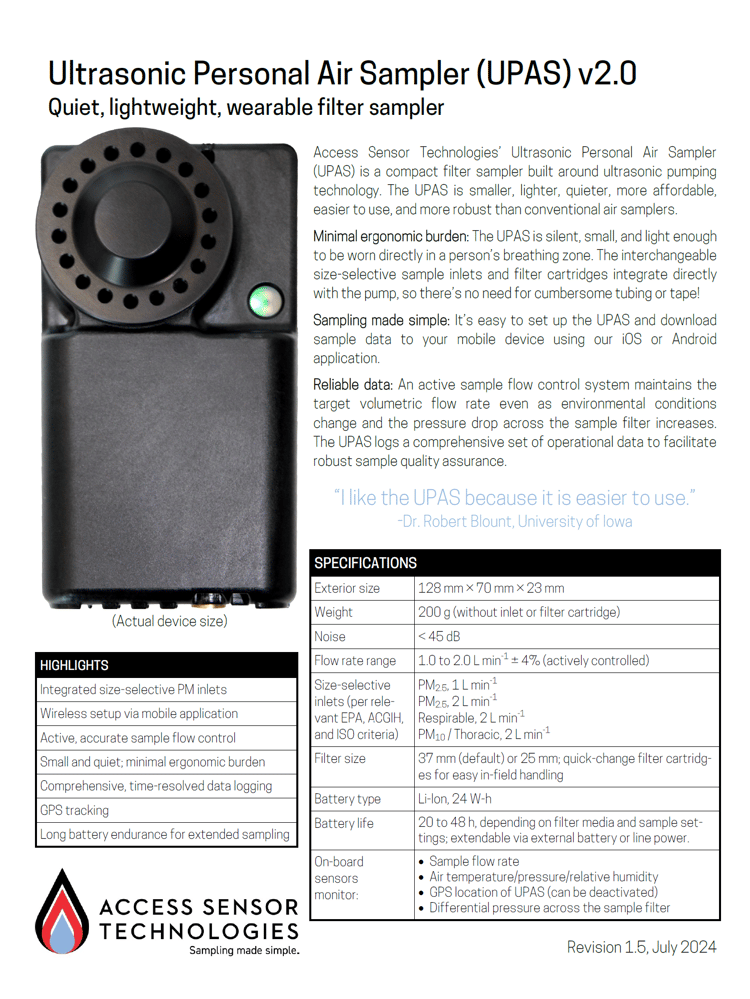 Screenshot of page 1 of UPAS v2.0 Product Information Sheet