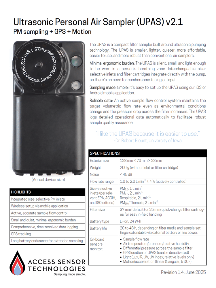 Screenshot of page 1 of UPAS v2.1 Product Information Sheet